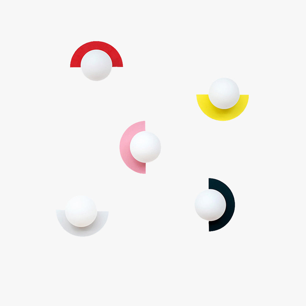 Modern wall decor with geometric shapes; red, pink, yellow, black semicircles and white spheres on a minimalist background. Contemporary art design.