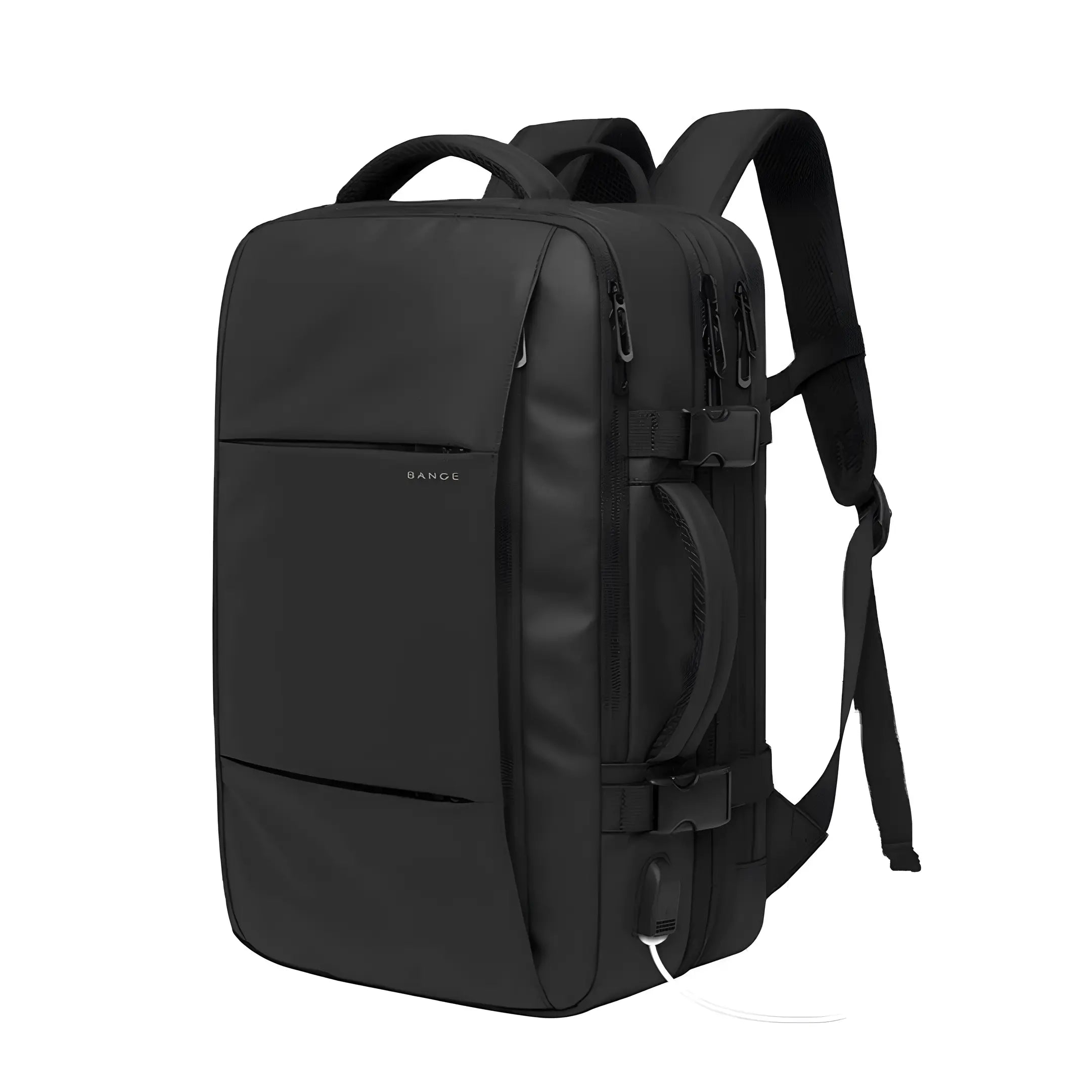 Sleek black travel backpack with USB charging port, multiple compartments, and ergonomic straps. Ideal for business trips and daily commuting.