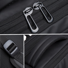 Close-up of a black backpack showcasing durable zippers, adjustable strap, and padded handle. Ideal for travel, school, or work. High-quality material.