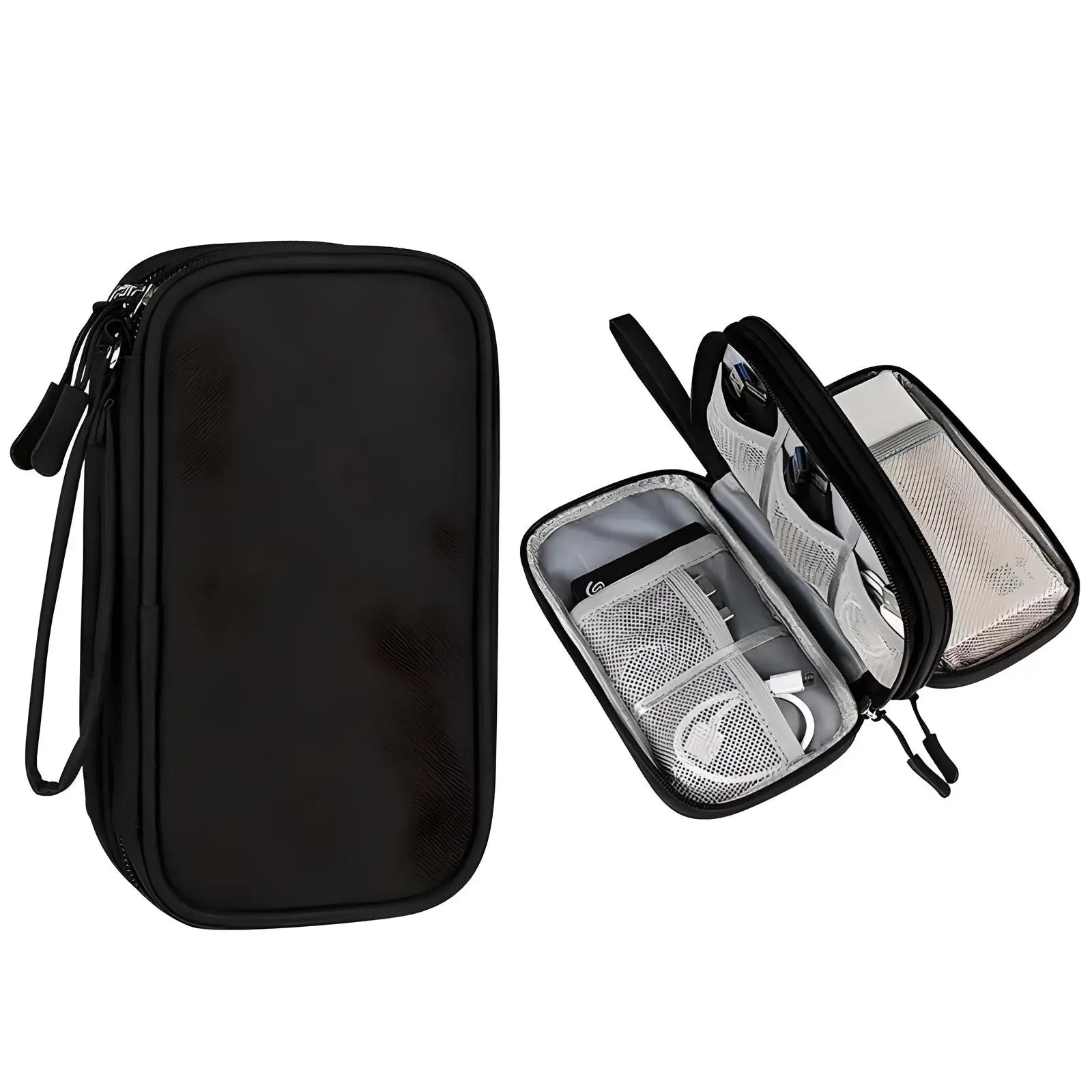 Black travel cable organizer bag with multiple compartments, zipper closure, and handle. Ideal for storing electronics accessories, chargers, and cords.