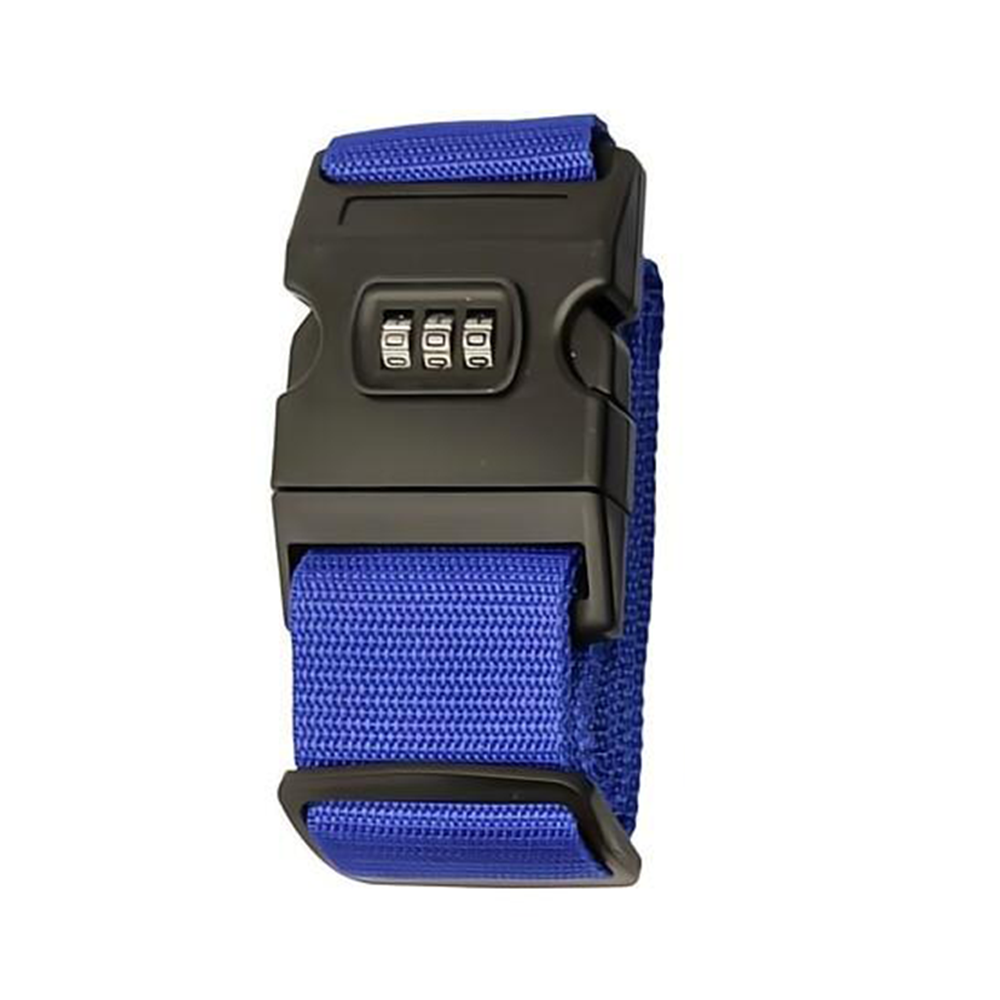 Blue luggage strap with combination lock, durable nylon material, adjustable length, secure travel accessory, suitcase security belt.