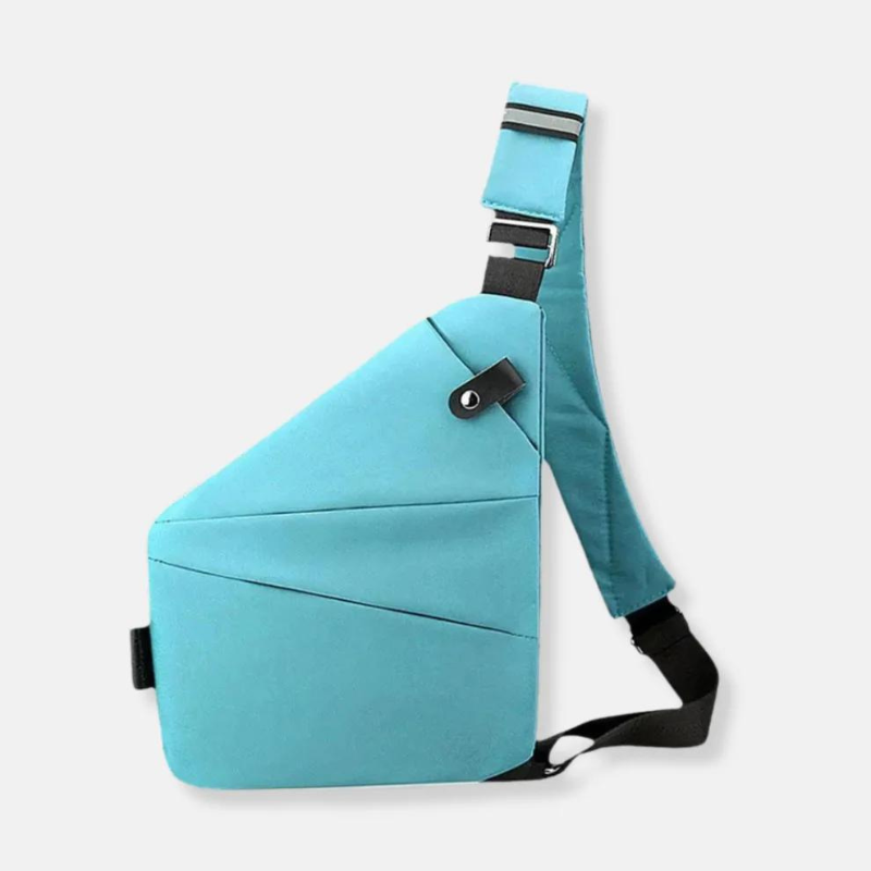 Sleek blue crossbody sling bag with adjustable strap, modern geometric design, and secure buckle closure. Ideal for travel and daily use.