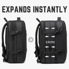 Expandable black backpack with adjustable straps, showcasing 12cm expansion feature. Ideal for travel and daily use. Durable, versatile design.