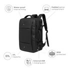 Black Bange backpack with 37L capacity, waterproof lining, padded laptop compartment, RFID protection, and external USB charging port.