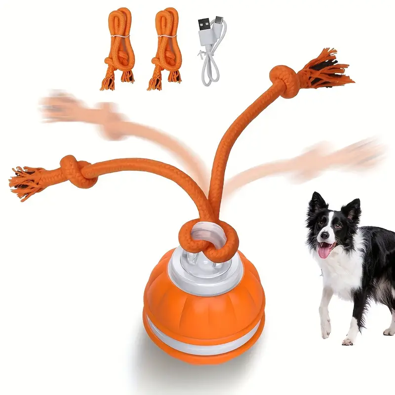 Interactive dog toy with orange ropes and a ball, USB rechargeable, designed for pet play and training. Includes two extra ropes and a USB cable.