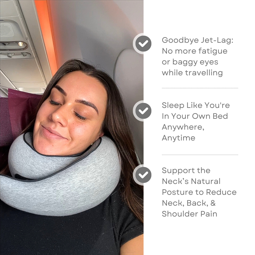 Woman using ergonomic travel neck pillow on airplane; benefits include reducing jet lag, improving sleep, and supporting neck posture for pain relief.