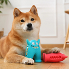 Shiba Inu with colorful dog chew toys, featuring a blue monster and red cylinder, on a wooden floor. Durable pet toys for dental health.