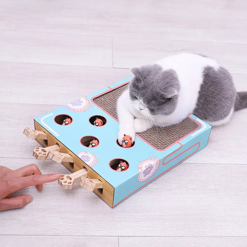 Interactive cat toy with a gray and white cat playing on a blue box featuring paw-shaped levers and holes, designed for feline entertainment and enrichment.