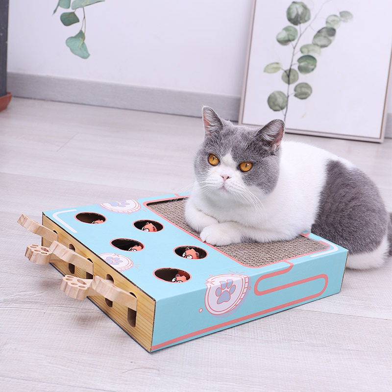 Interactive cat toy with holes and paw-shaped levers, featuring a gray and white cat lounging on top. Perfect for playful indoor cats.