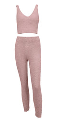 Cozy pink loungewear set, featuring a sleeveless crop top and high-waisted pants, perfect Skims dupe for comfortable home wear.