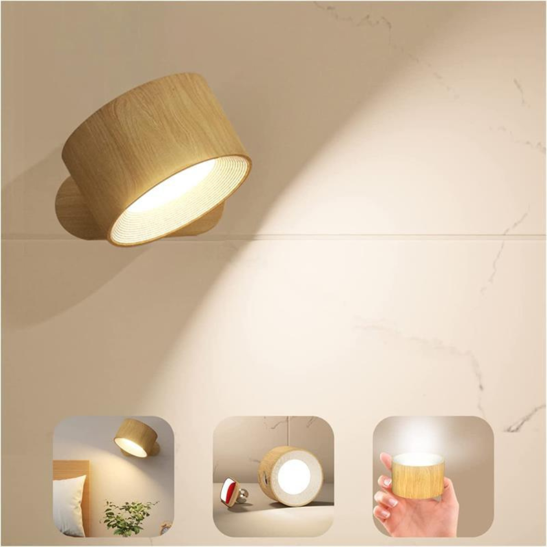 Modern wooden wall sconce with LED light, minimalist design, warm ambiance, energy-efficient lighting, perfect for bedroom or living room decor.