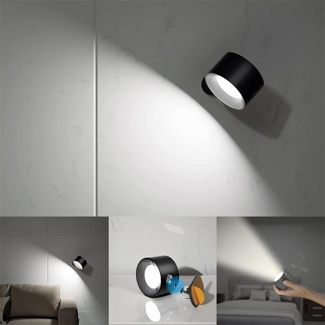 Modern black wall-mounted LED spotlight illuminating a living room, showcasing versatile lighting options. Energy-efficient home decor lighting solution.