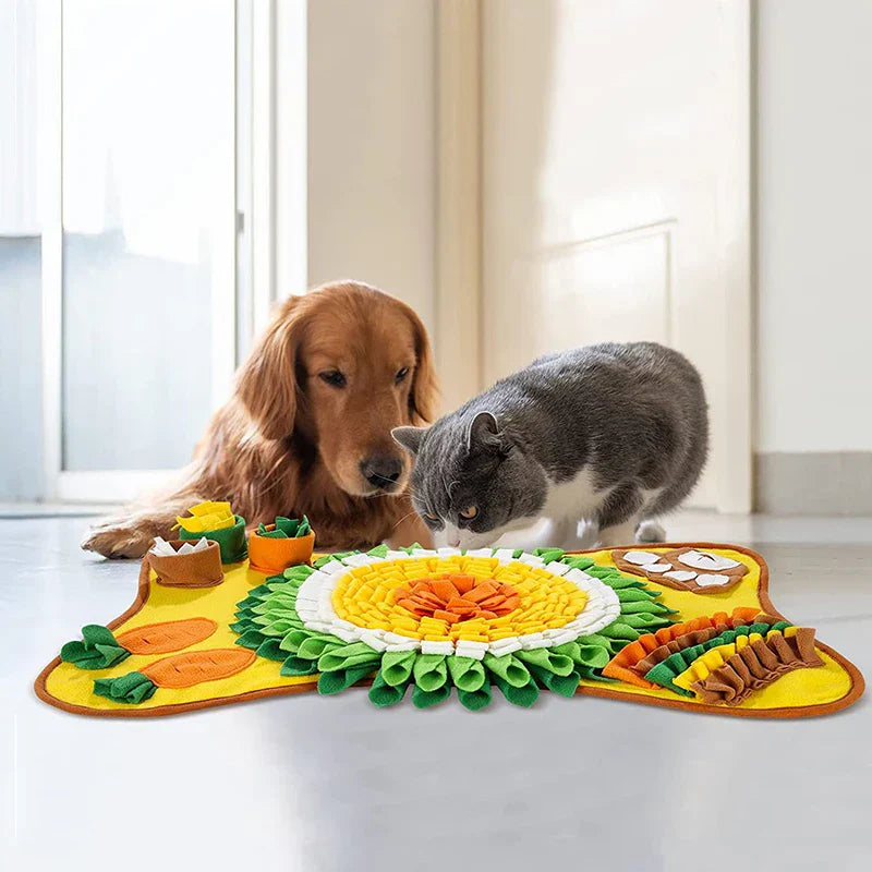 Dog and cat exploring a colorful snuffle mat for pets, designed for interactive play and mental stimulation. Ideal pet enrichment toy.