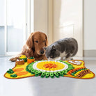 Dog and cat interacting with a colorful snuffle mat for pets, featuring various textures and compartments, ideal for mental stimulation and enrichment.