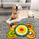 Golden Retriever enjoying a colorful dog snuffle mat on a gray carpet in a cozy living room. Interactive pet toy, mental stimulation, dog enrichment.