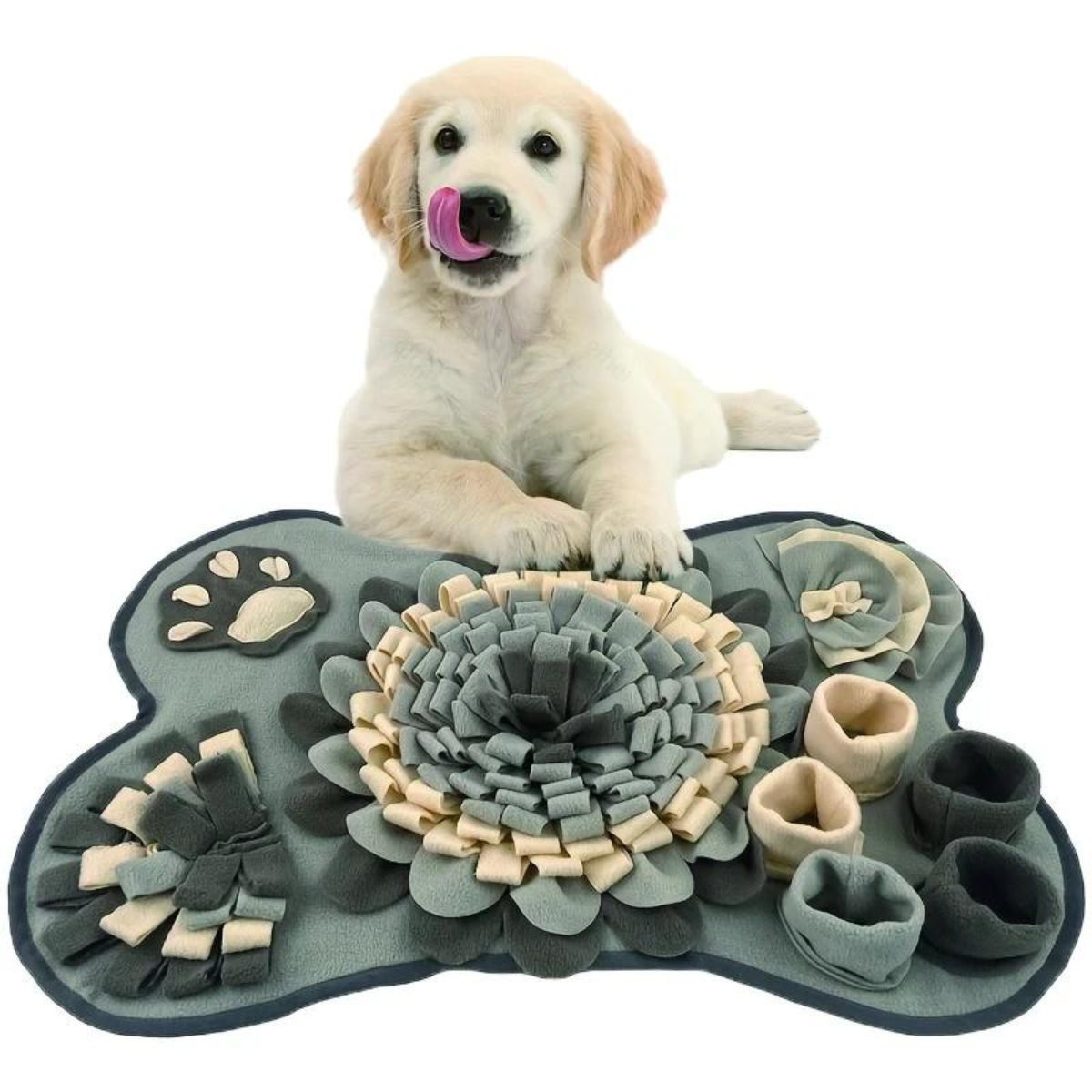 Golden Retriever puppy with a gray and beige snuffle mat for dogs, featuring interactive puzzle design for mental stimulation and slow feeding.