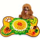 Dog snuffle mat with colorful flower design, interactive pet toy for mental stimulation and slow feeding, featuring a small brown poodle.