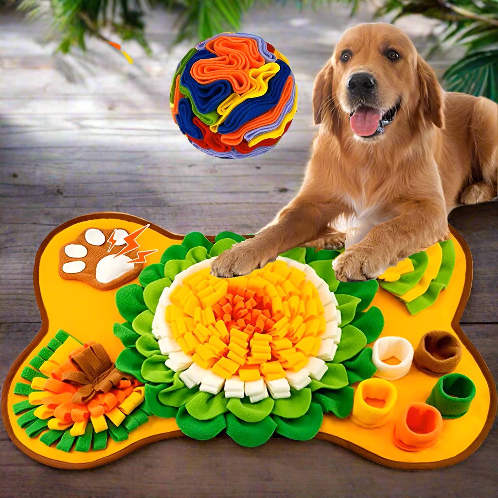 Dog snuffle mat with colorful flower design, interactive pet toy for mental stimulation and slow feeding, ideal for training and enrichment activities.