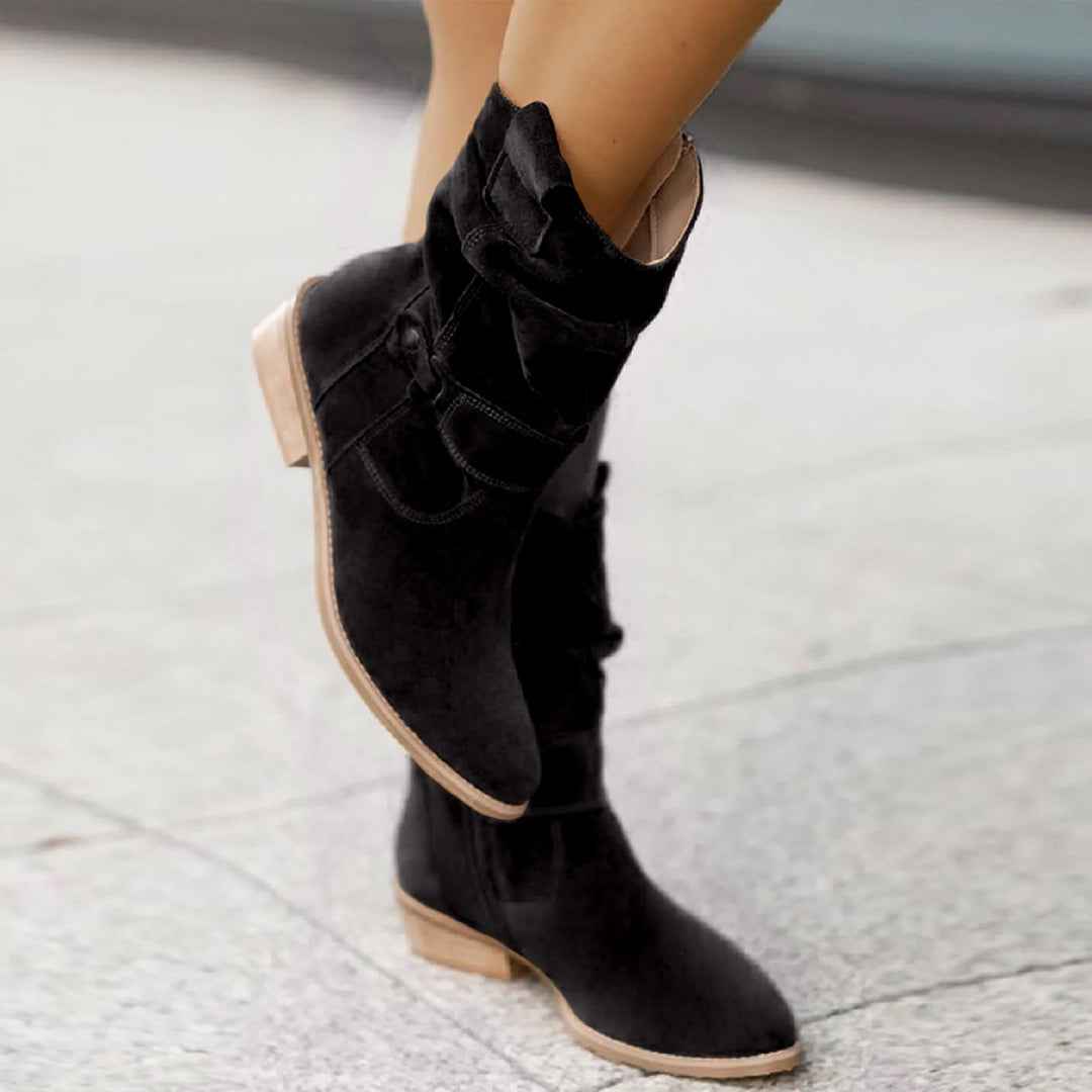 Black suede ankle boots with low wooden heels, stylish bow detail, and soft texture, perfect for casual and chic fashion outfits.