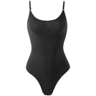 Black seamless women's bodysuit, sleeveless, backless, with adjustable straps. Ideal for shapewear, fitness, casual wear. Stylish one-piece underwear.