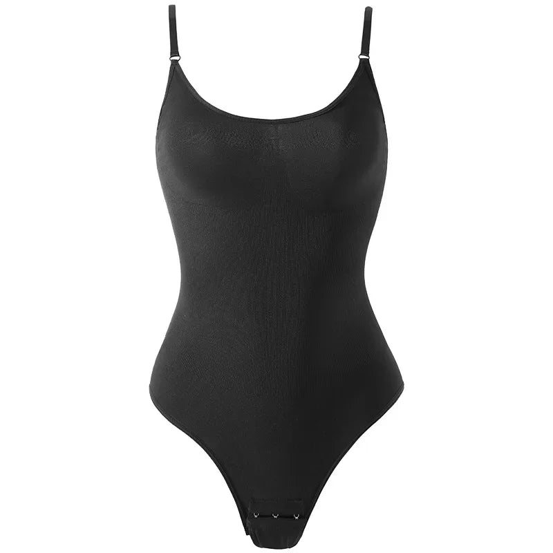 Black seamless women's bodysuit, sleeveless, backless, with adjustable straps. Ideal for shapewear, fitness, casual wear. Stylish one-piece underwear.