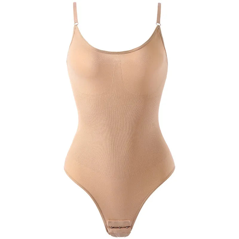 Beige seamless women's bodysuit, backless and sleeveless, ideal for shapewear, fitness, and casual wear. Perfect for a sleek, comfortable fit.