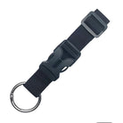 Black tactical keychain with durable nylon strap, quick-release buckle, and metal keyring. Ideal for EDC, outdoor activities, and secure key management.