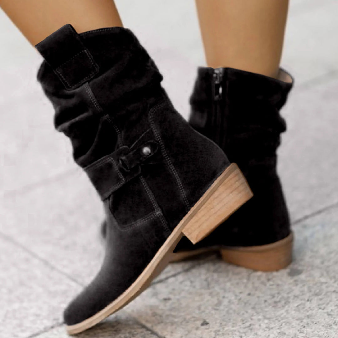 Black suede ankle boots with wooden block heel, side buckle detail, and zipper closure, perfect for casual fall fashion.