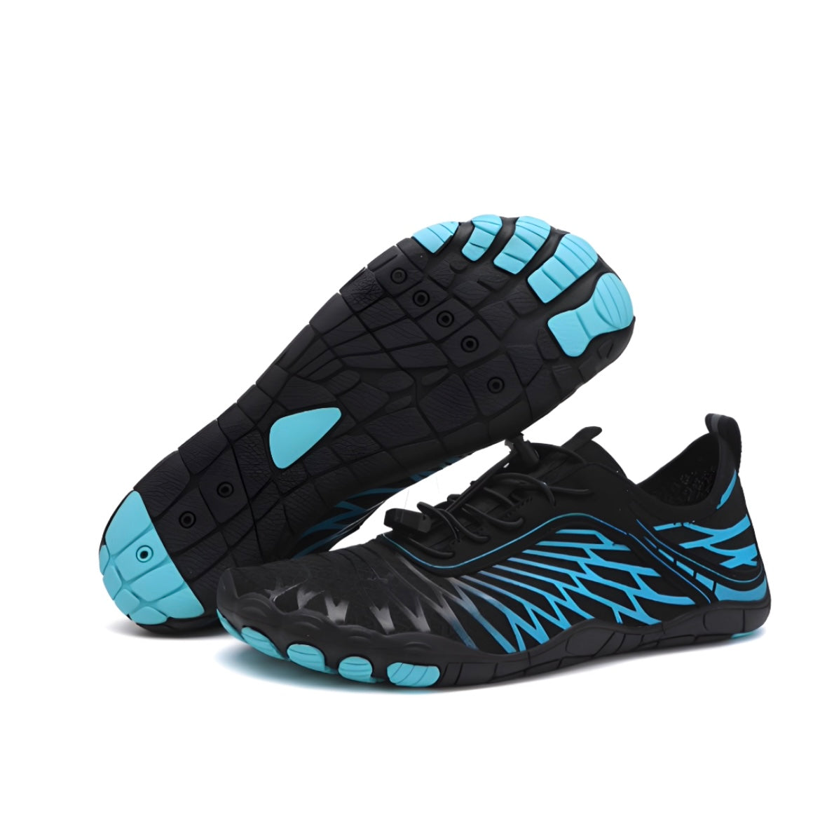 Black and blue minimalist barefoot running shoes with flexible soles, lightweight design, and breathable material for optimal comfort and performance.