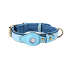 Light blue leather dog collar with gold hardware and AirTag holder, adjustable fit, durable design, pet accessory, stylish and functional.