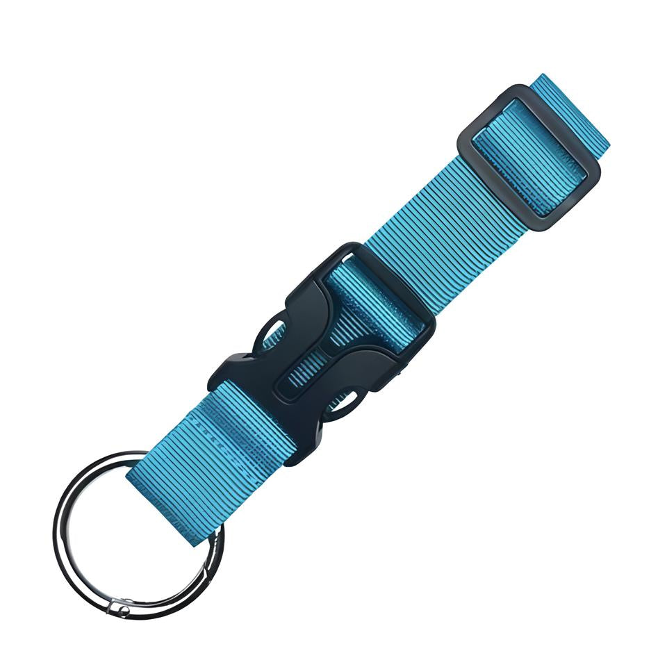 Blue nylon keychain with black plastic buckle and metal keyring. Durable and adjustable, perfect for organizing keys. Ideal for everyday use.