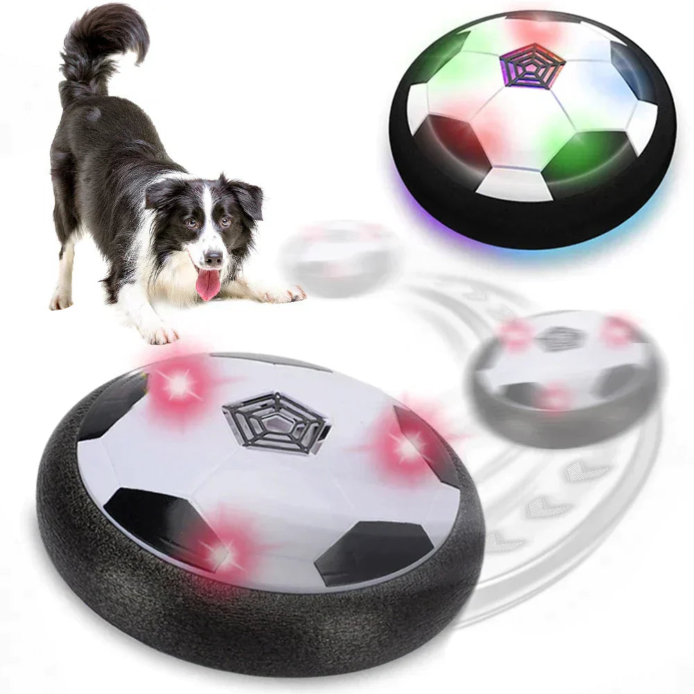 Interactive LED dog toy ball with soccer design, featuring colorful lights. Ideal for small dogs and puppies. Engaging pet play accessory.