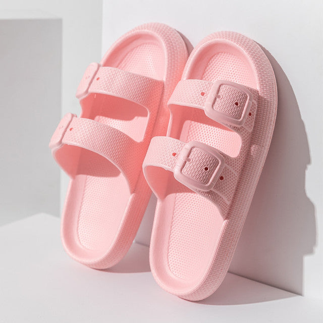 Pink buckle bathroom slippers, summer indoor EVA slides for men and women, non-slip home sandals, lightweight and comfortable footwear.