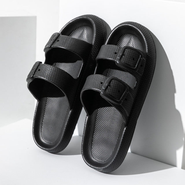 Black buckle bathroom slippers, EVA slides for men and women, non-slip indoor sandals. Perfect for summer home use.