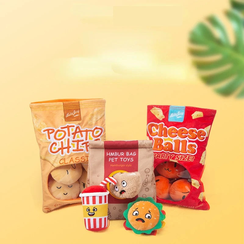 Plush toy set featuring potato chips, cheese balls, hamburger, and soda on a yellow background. Perfect for pet play. Fun, colorful, and engaging.