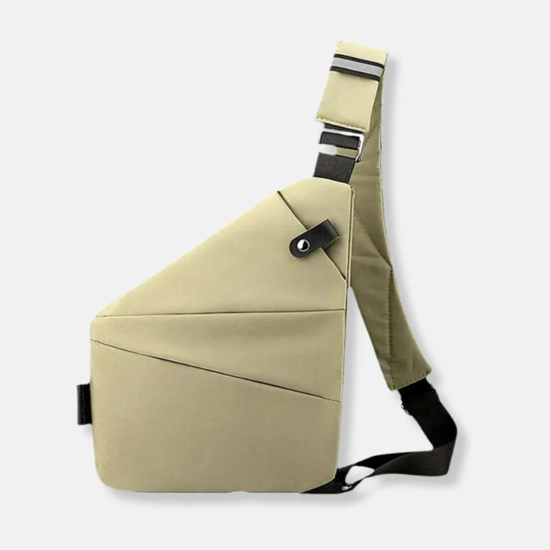 Cream-colored crossbody sling bag with adjustable strap, modern geometric design, and secure buckle closure. Ideal for travel and daily use.