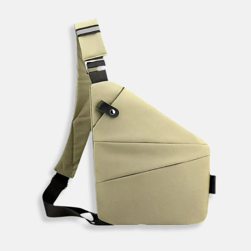 Cream-colored crossbody sling bag with adjustable strap, modern geometric design, and secure buckle closure. Ideal for travel and daily use.