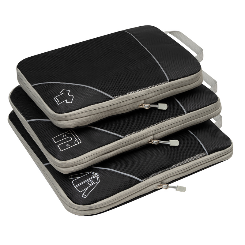 Set of three black packing cubes with zippers and handles, featuring clothing icons. Ideal for travel organization and luggage storage solutions.