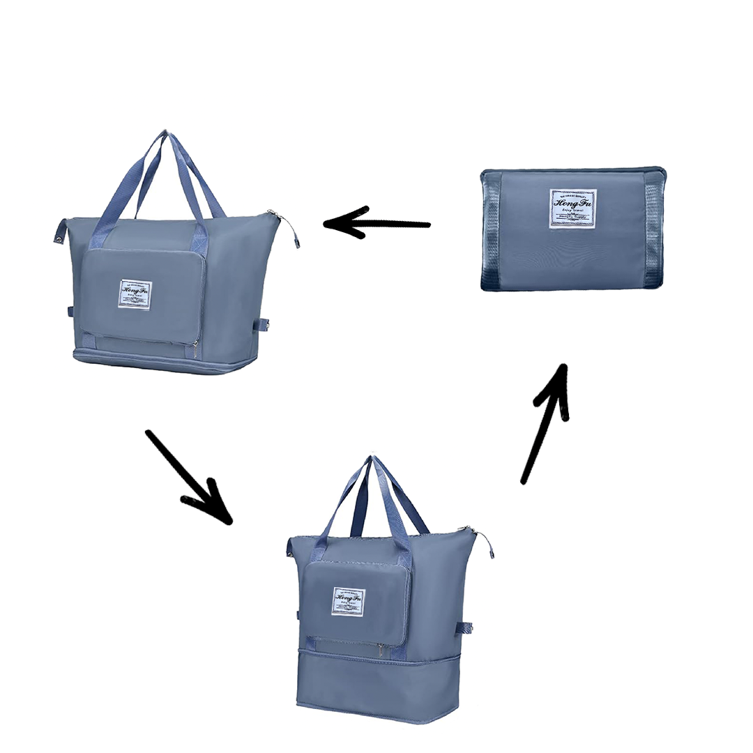 Collapsible blue tote bag with handles, shown in three stages: folded, partially open, and fully expanded. Ideal for travel and storage solutions.