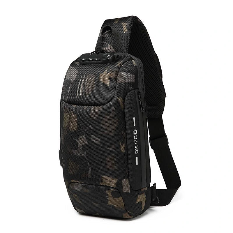 Camouflage sling backpack with USB charging port, ergonomic design, and adjustable strap. Ideal for travel, hiking, and daily use. Durable and stylish.