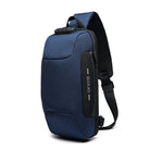 Navy blue crossbody sling bag with USB charging port, ergonomic design, and adjustable strap. Ideal for travel and daily use. Durable and stylish.