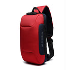 Red anti-theft backpack with USB charging port, ergonomic design, and durable material. Ideal for travel and daily use. Stylish and functional.