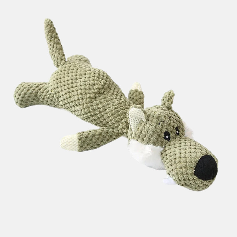 Plush dog toy shaped like a green wolf, featuring textured fabric and floppy limbs, ideal for interactive play. Durable pet toy for dogs.