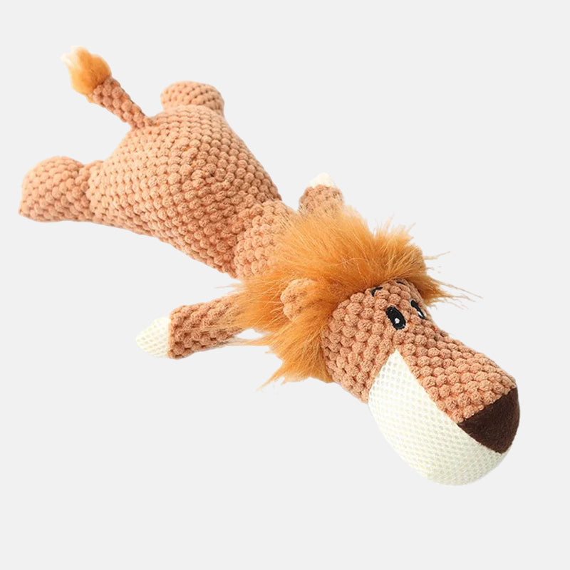 Interactive lion-shaped dog toy with textured fabric, plush mane, and durable design. Perfect for pet playtime and chewing. Ideal for dogs.