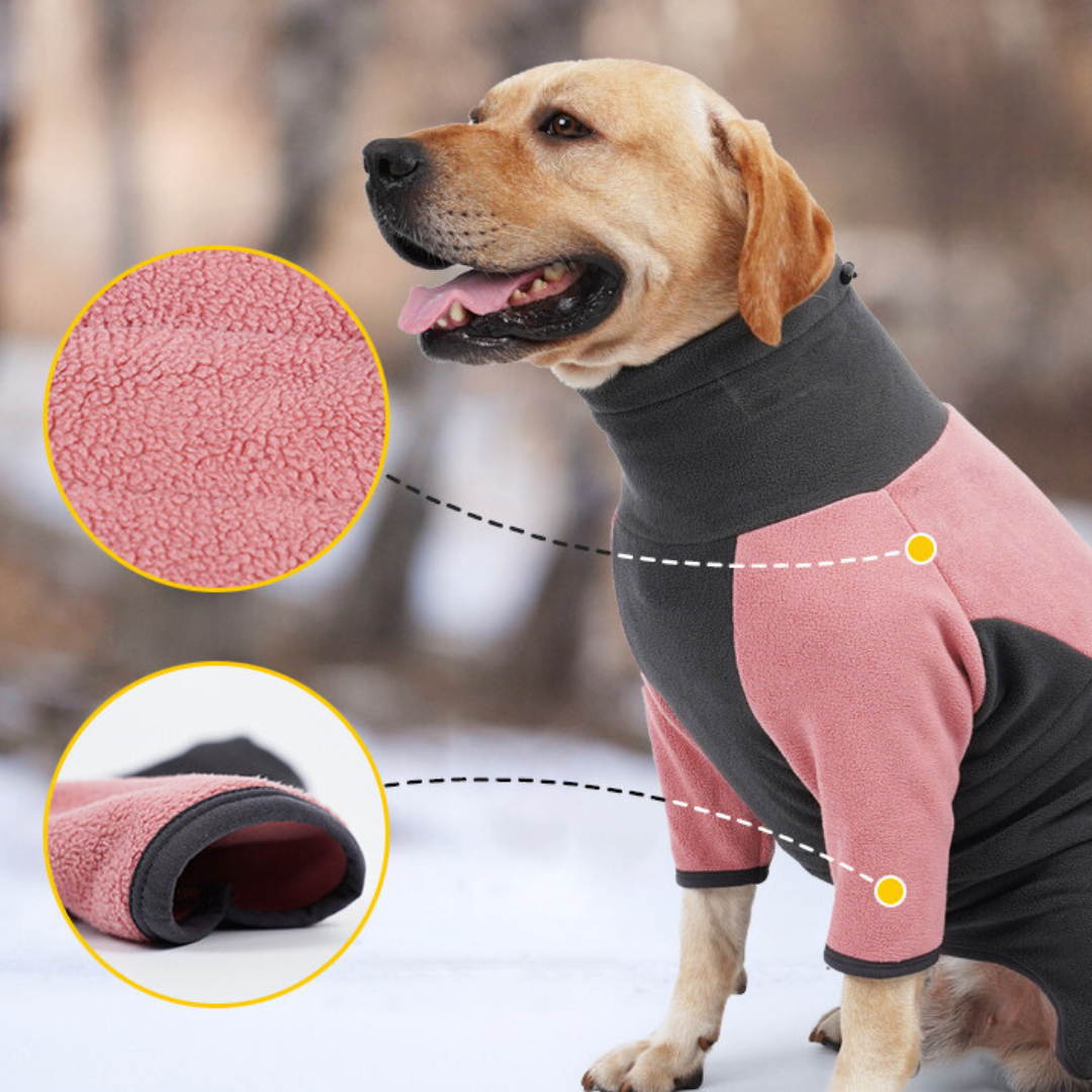 Dog wearing a pink and gray fleece jacket, showcasing soft fabric texture and sleeve detail, ideal for pet winter clothing and dog apparel.