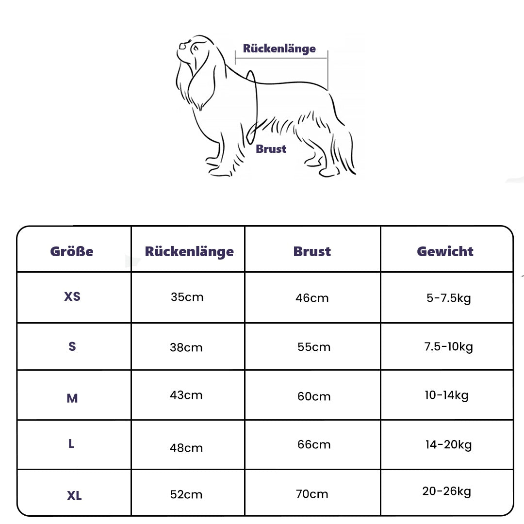 Dog fleece jacket size chart with measurements for XS to XL, including back length, chest circumference, and weight range. Ideal for pet clothing selection.