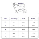 Dog fleece jacket size chart with measurements for XS to XL, including back length, chest circumference, and weight range. Ideal for pet clothing selection.