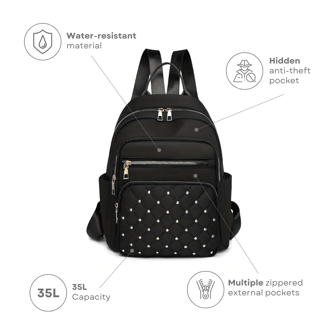 Black backpack with studded design, featuring water-resistant material, hidden anti-theft pocket, multiple zippered pockets, and 35L capacity.