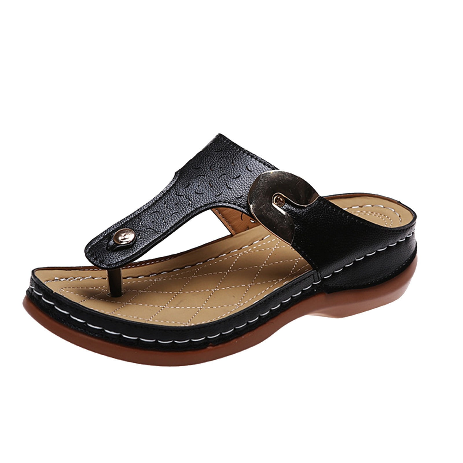 Black wedge flip-flop sandal for women with arch support, featuring a wide orthopedic design and comfortable slip-on style. Perfect for summer casual wear.