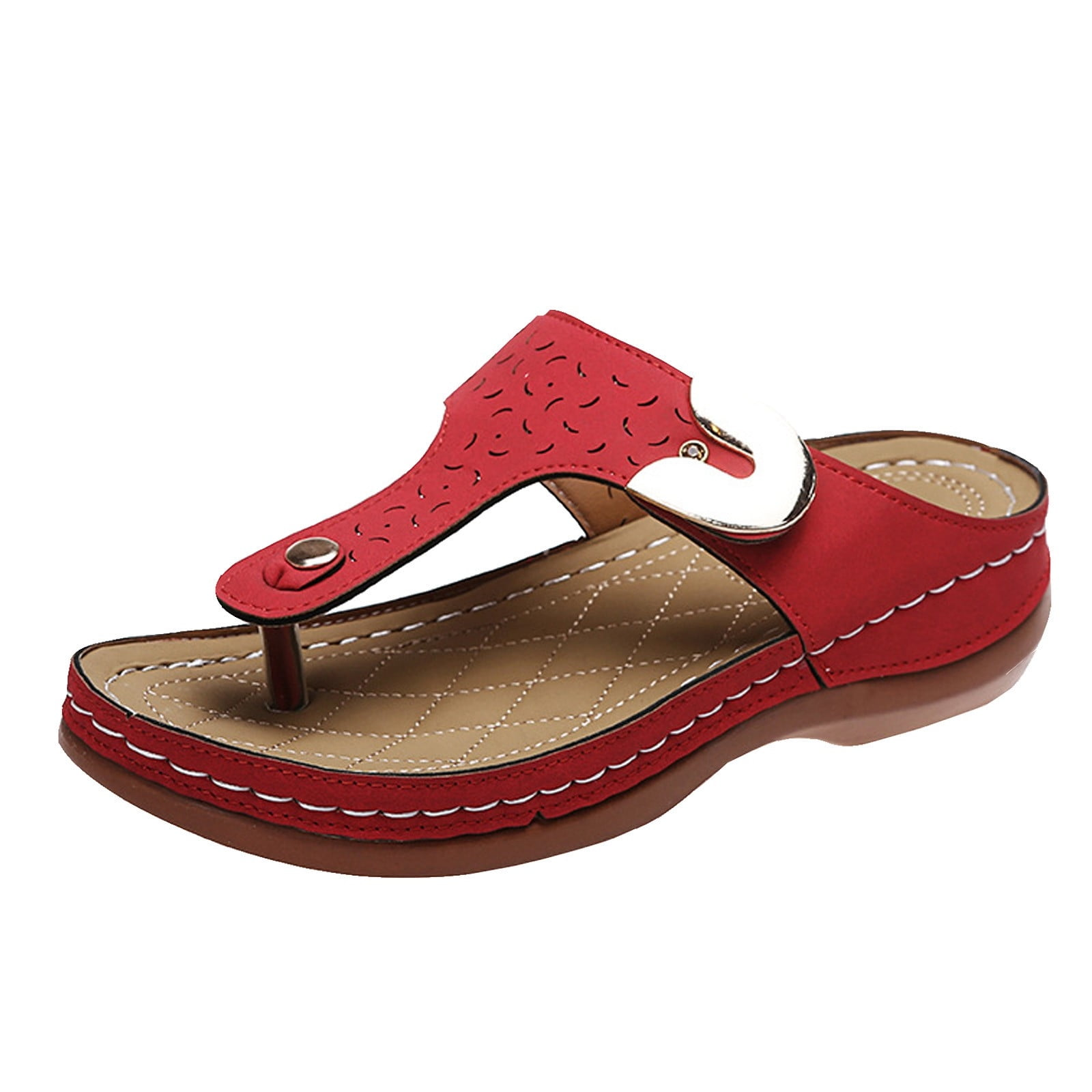 Red wedge flip-flops for women with arch support, featuring a casual dressy design. Comfortable slip-on sandals, perfect for summer wear.